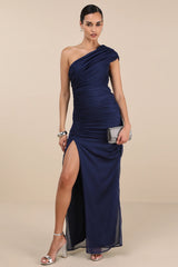 Kyleah Navy Ruched One-Shoulder Maxi Dress