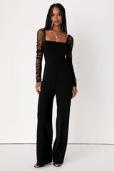 Made to Amaze Black Dotted Mesh Long Sleeve Jumpsuit