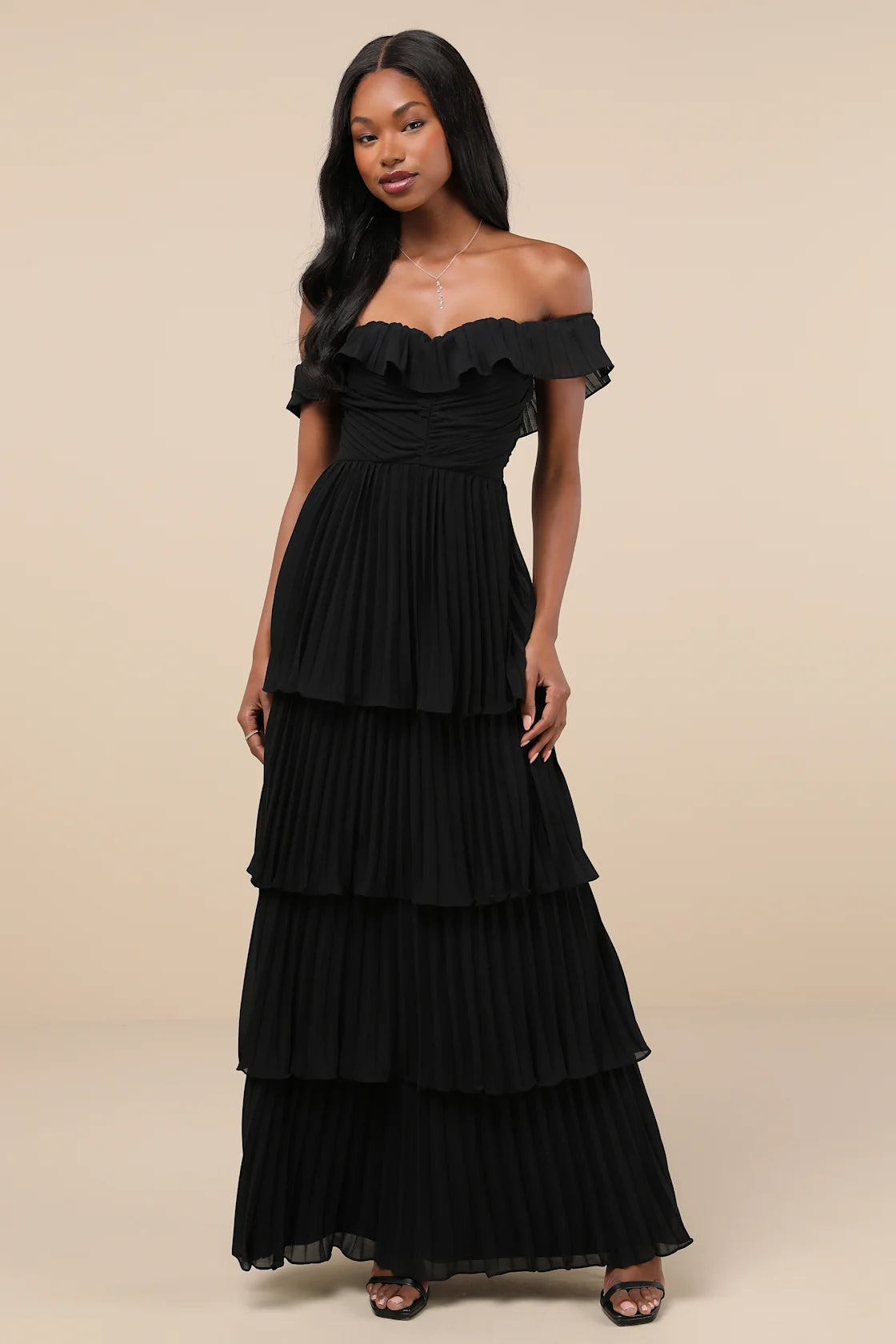 Always Remarkable Black Pleated Off-the-Shoulder Maxi Dress