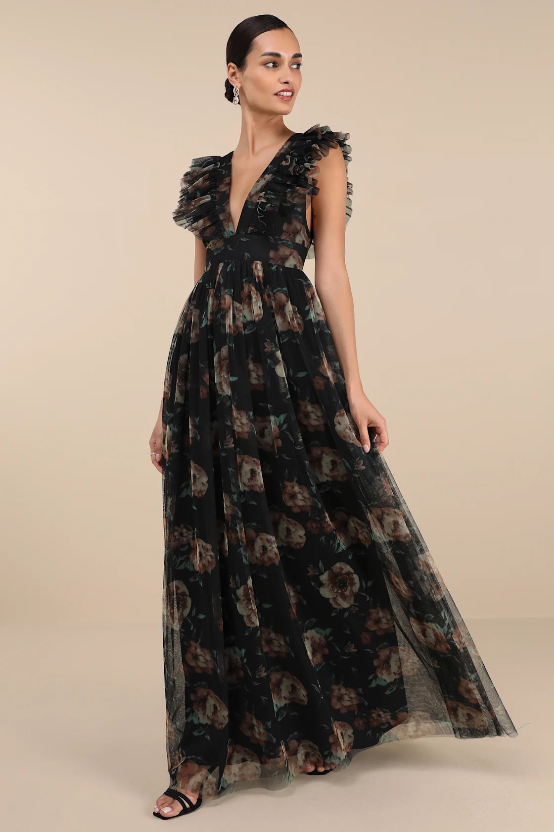 Simply Delighted Black Mesh Ruffled Backless Maxi Dress