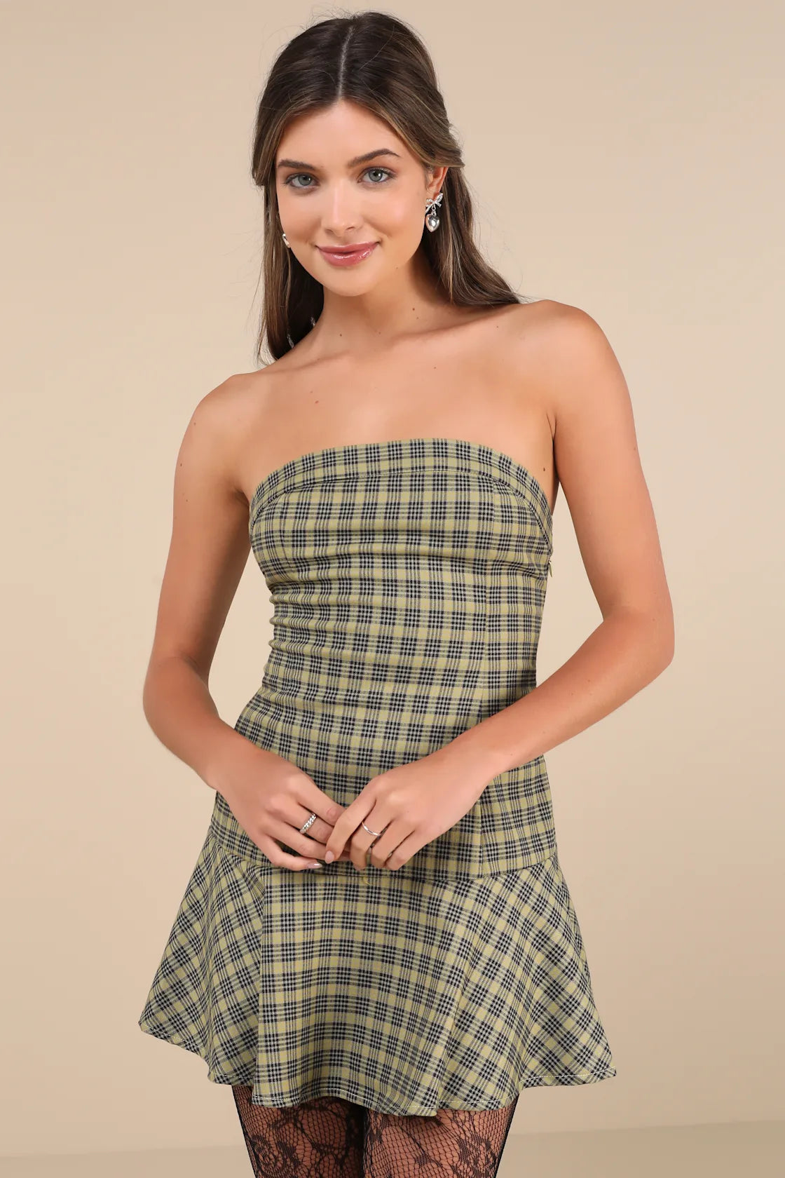 Hadia Yellow Plaid Strapless Drop Waist Mini Dress