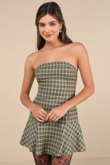 Hadia Yellow Plaid Strapless Drop Waist Mini Dress