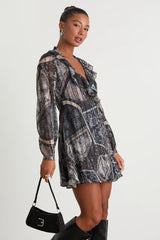 Claire Mustard Yellow Boho Print Wrap Mini Dress