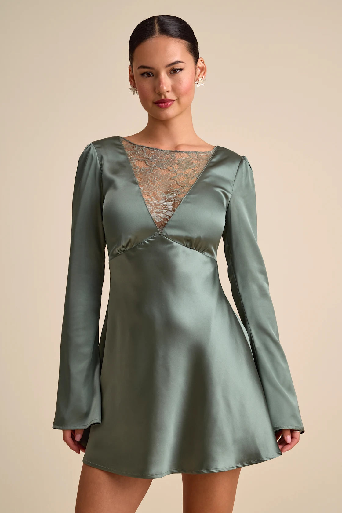 Emberlyn Rusty Rose Satin Lace Long Sleeve Mini Dress