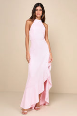 Majestic Perfection Light Pink Ruffled Halter Maxi Dress