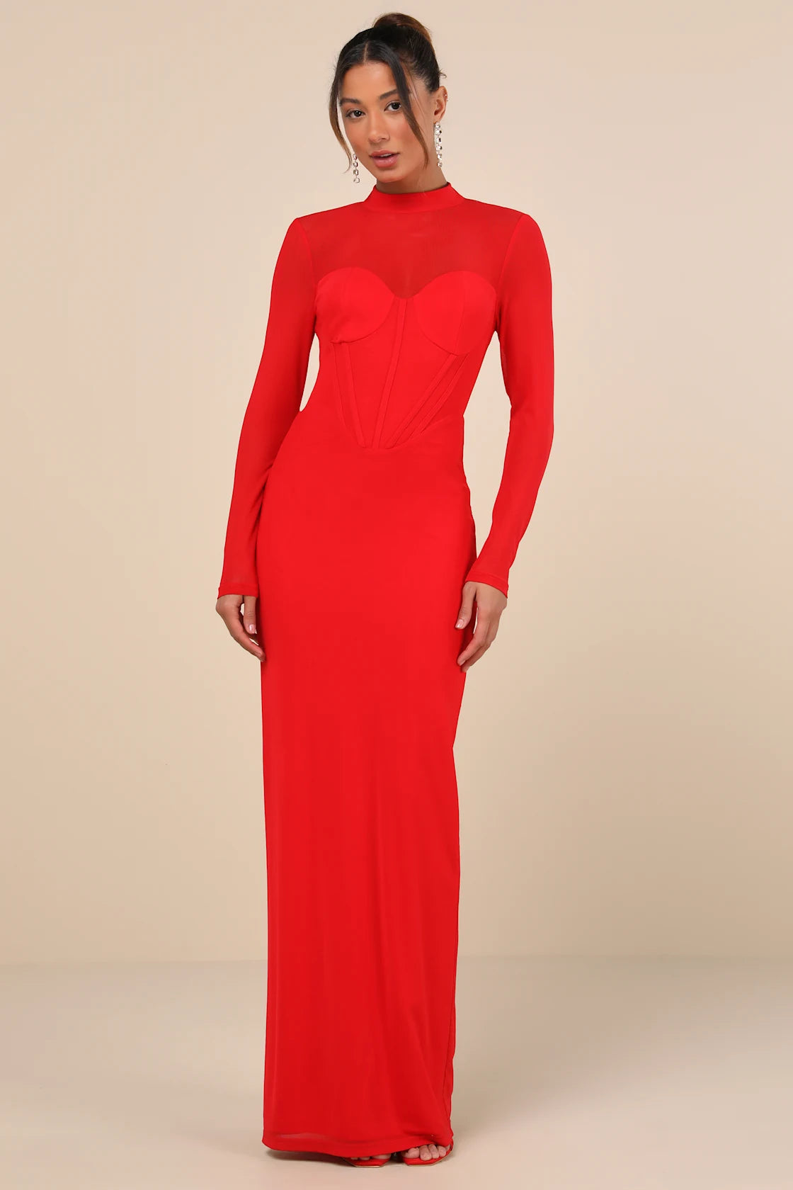 Sensational Appeal Red Mesh Cutout Long Sleeve Maxi Dress