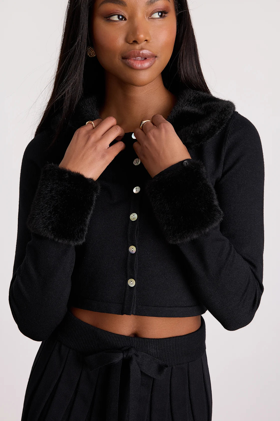 Layden Black Faux Fur Collared Cardigan