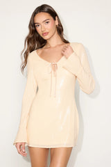 Reims Cream Sequin Keyhole Long Sleeve Mini Dress