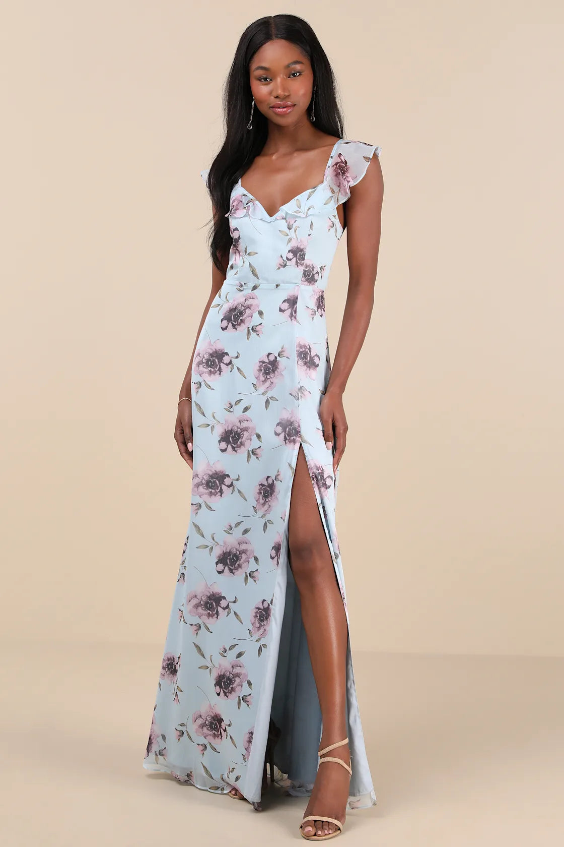 Sweetest Entrance Light Blue Floral Ruffled Tie-Back Maxi Dress