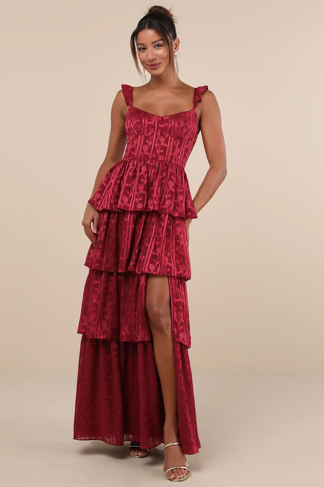 Stunning Glory Navy Blue Floral Jacquard Tiered Maxi Dress