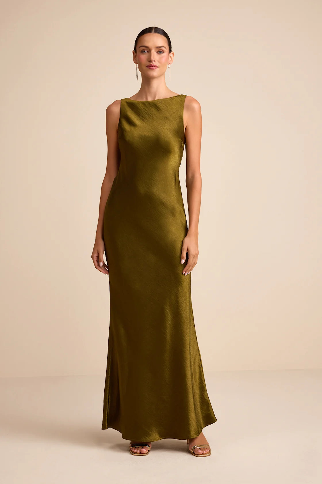 Janita Olive Satin Sleeveless Cowl Back Maxi Dress
