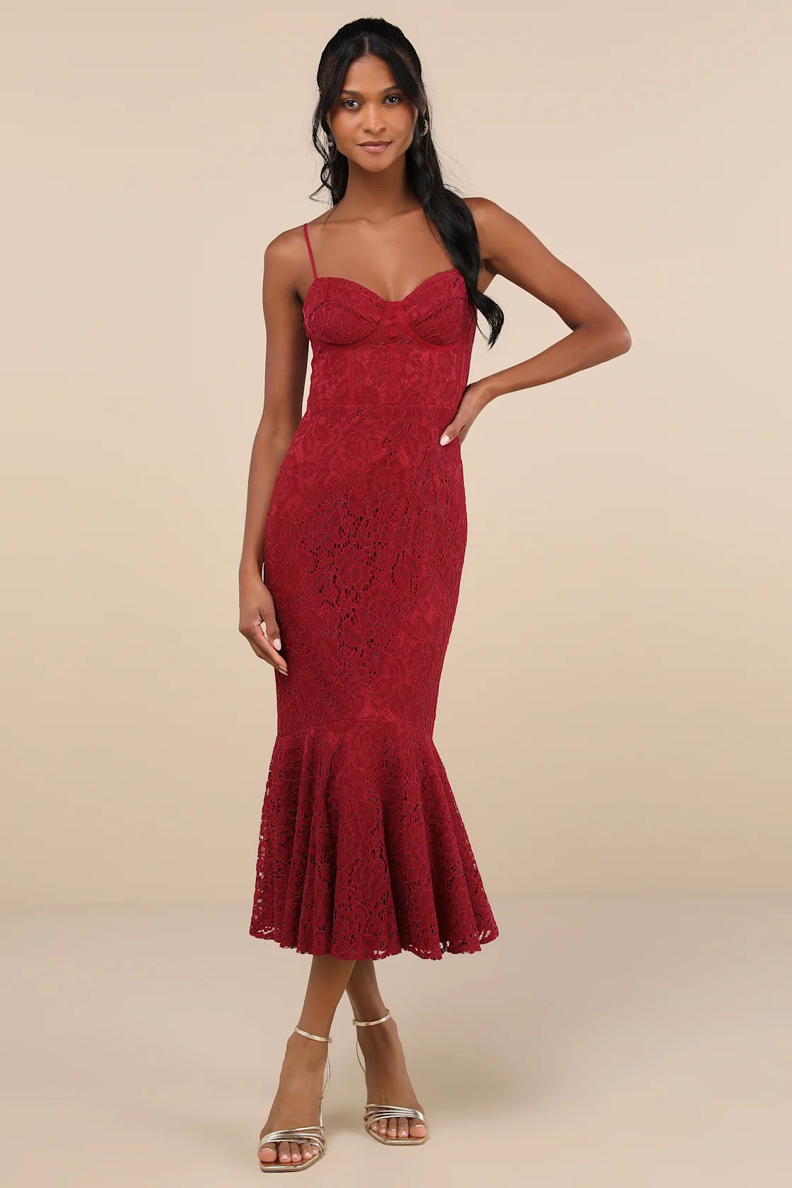 Found Your Love Wine Red Lace Sleeveless Trumpet Midi Dress