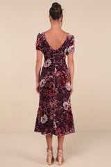 Loving Approach Purple Velvet Burnout Puff Sleeve Midi Dress