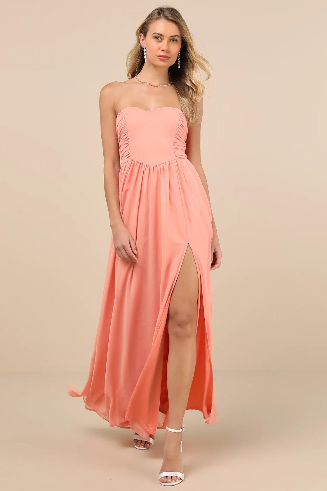 Luxe Favorite Peach Pink Strapless Ruched Maxi Dress