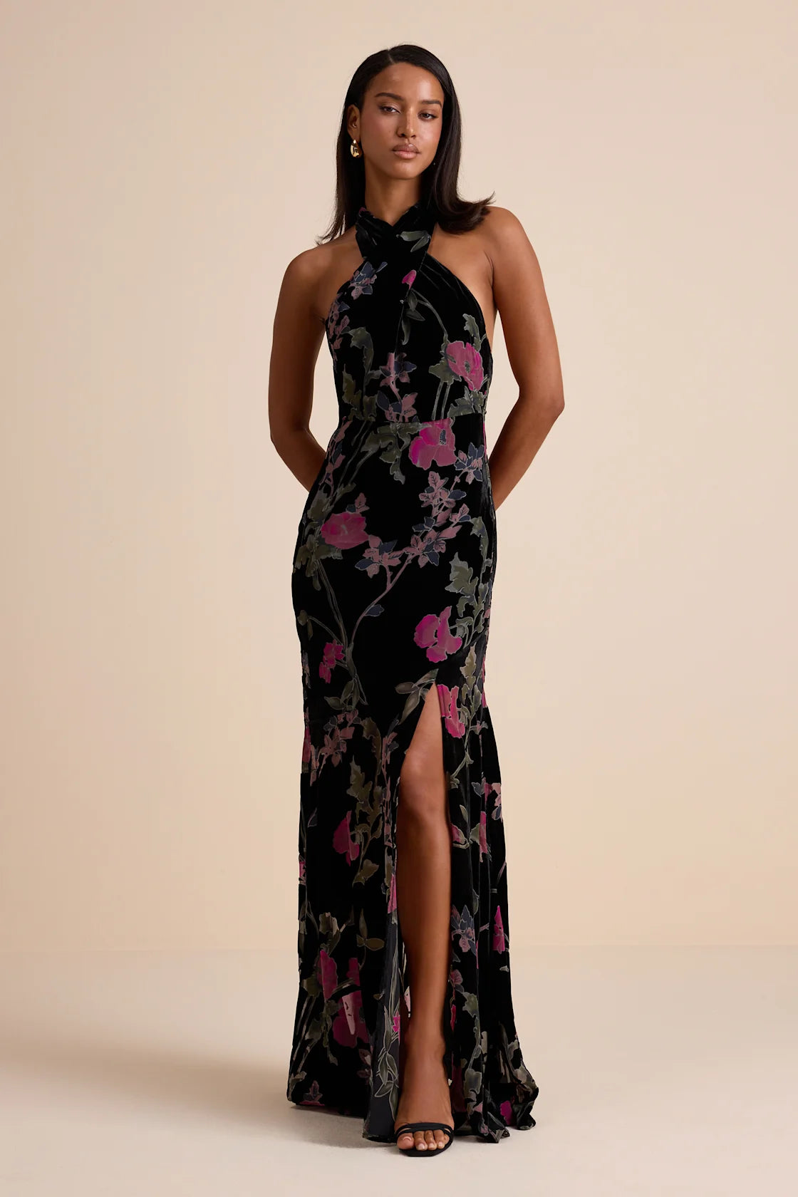 Flawlessly Gorgeous Green Burnout Floral Halter Maxi Dress