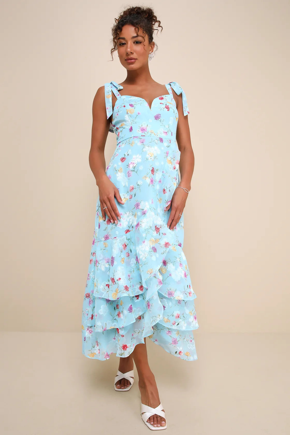 So Elevated Red Floral Jacquard Tie-Strap High-Low Midi Dress