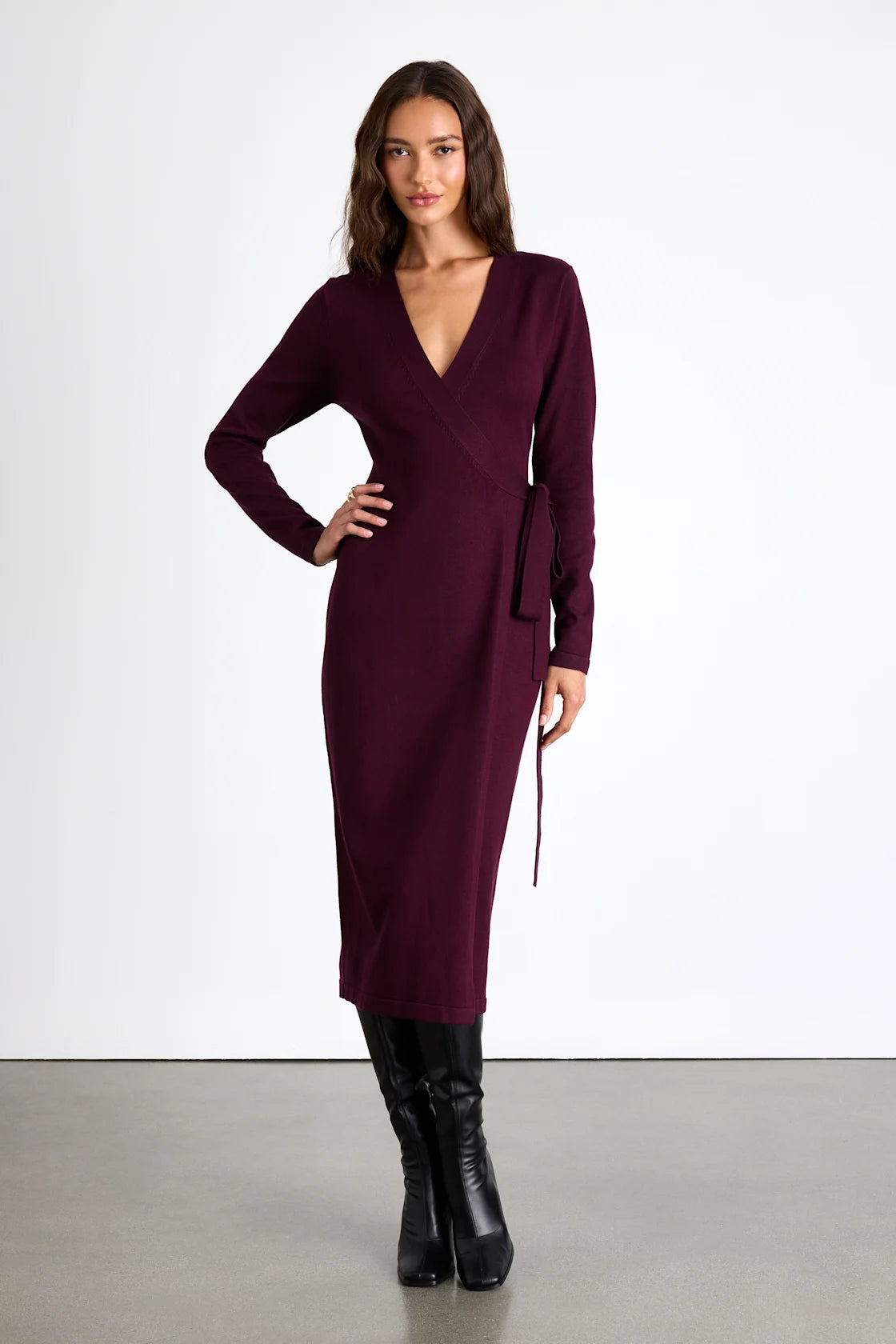 Literary Lover Dark Plum Midi Wrap Sweater Dress