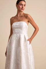 Laurelin White Jacquard Pleated Strapless Maxi Dress