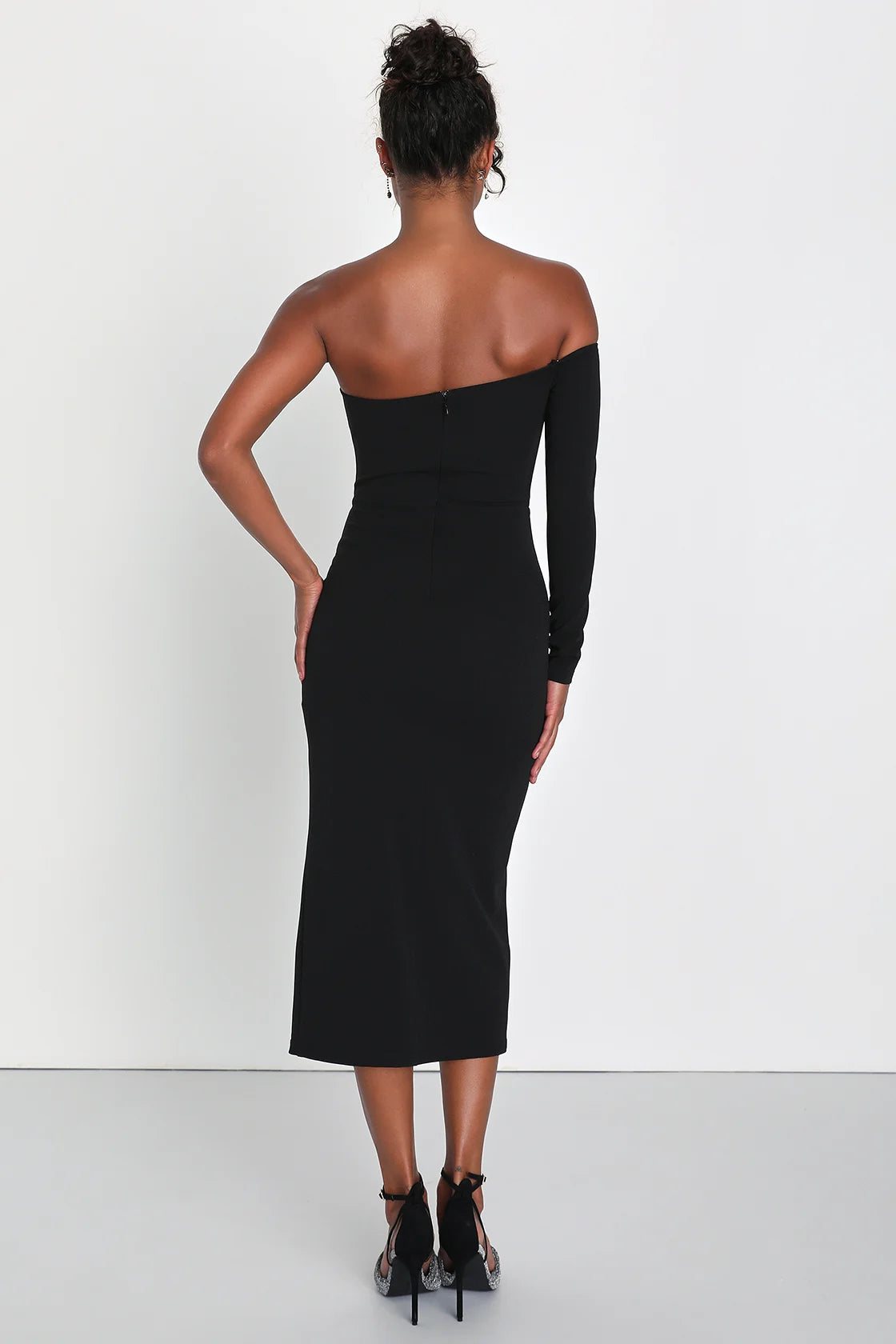 Modern Stunner Black One-Shoulder Bodycon Midi Dress