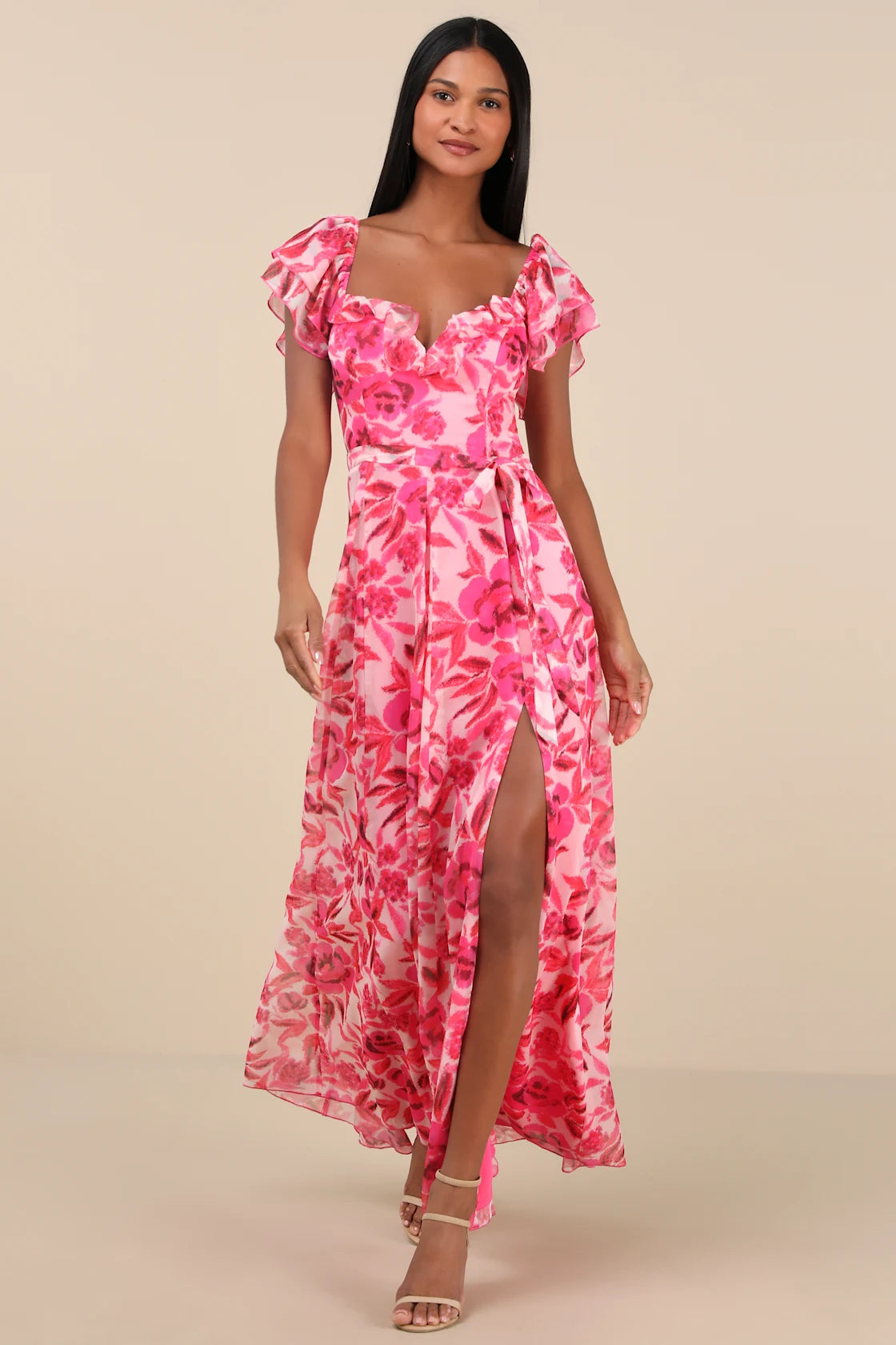 Sensationally Sweeter Bright Pink Floral Ruffled Maxi Dress