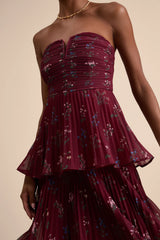 Hadelyn Wine Red Floral Pleated Tiered Midi Dress