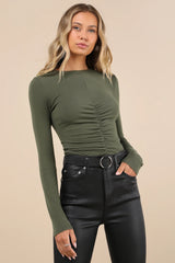 Casual Energy Light Brown Ruched Long Sleeve Crew Neck Top