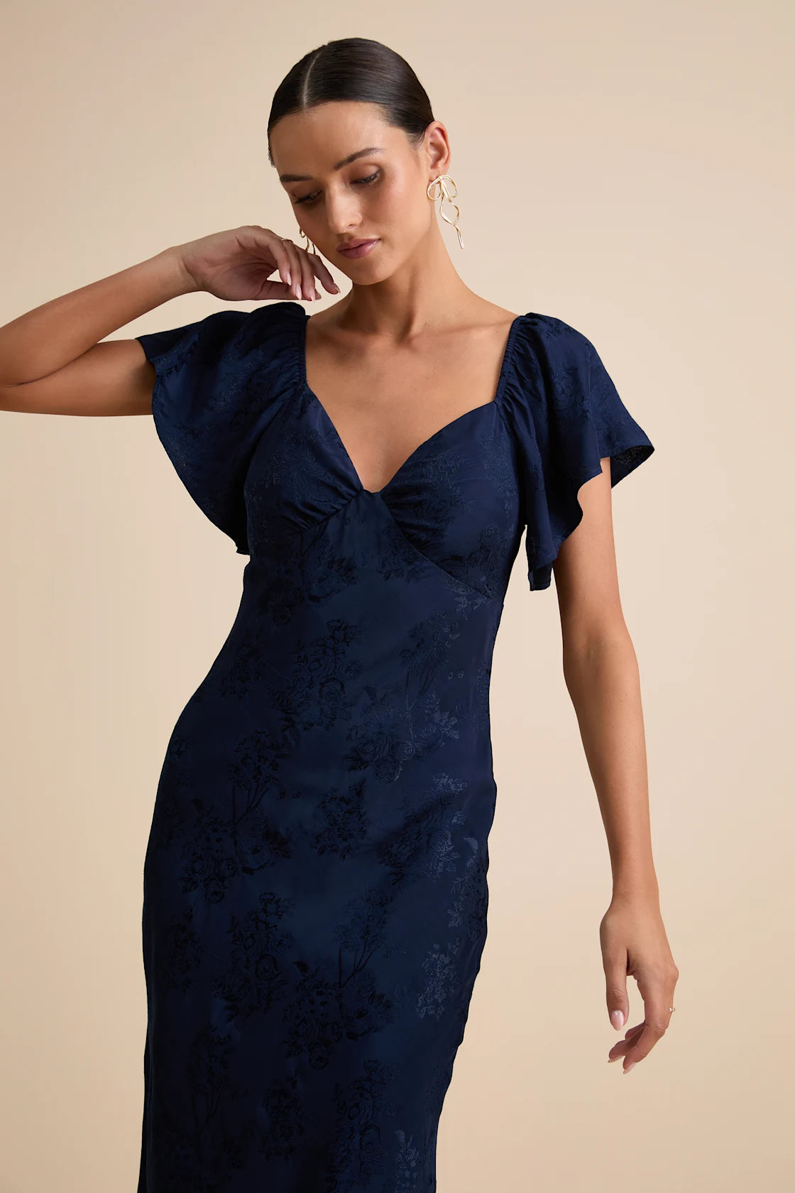 Effervescent Afternoon Green Satin Flutter Sleeve Midi Dress