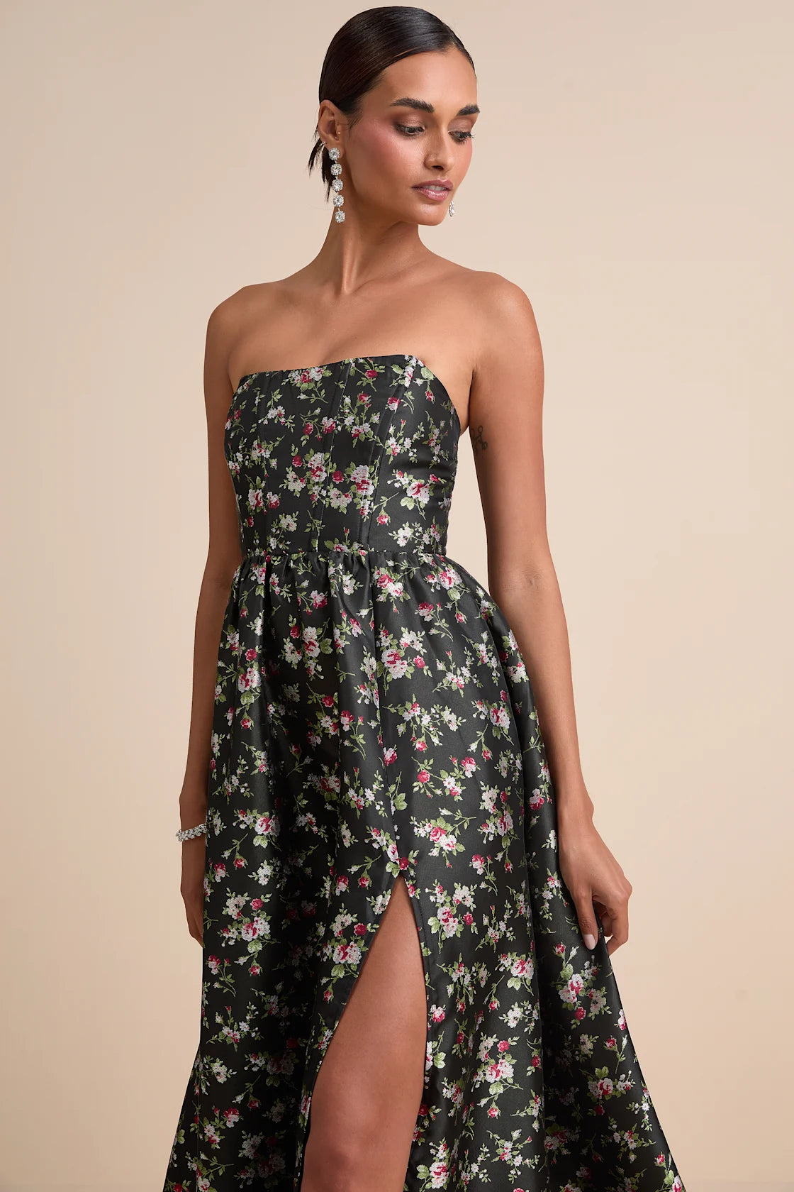 Rainie Black Floral Jacquard Strapless Lace-Up Maxi Dress