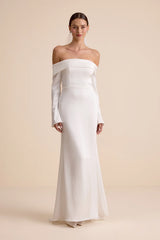 Saintclair White Satin Off-the-Shoulder Long Sleeve Maxi Dress