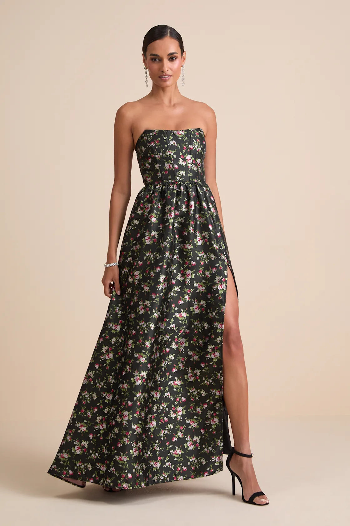 Rainie Black Floral Jacquard Strapless Lace-Up Maxi Dress