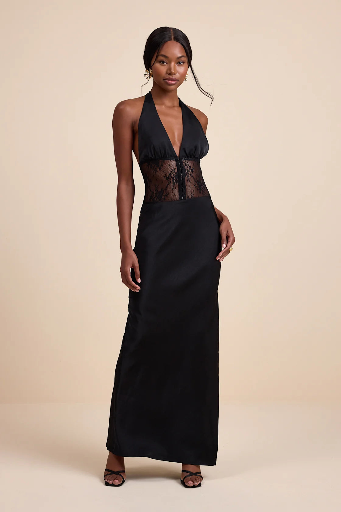 Lennon Black Satin Lace Halter Maxi Dress