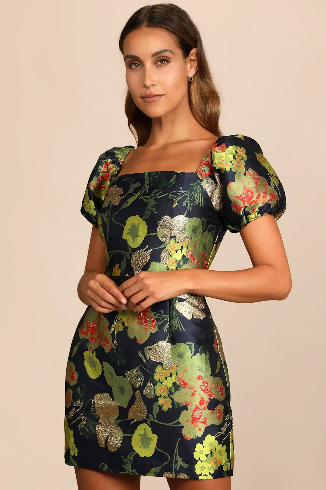 So Stunning Black Multi Floral Jacquard Puff Sleeve Mini Dress