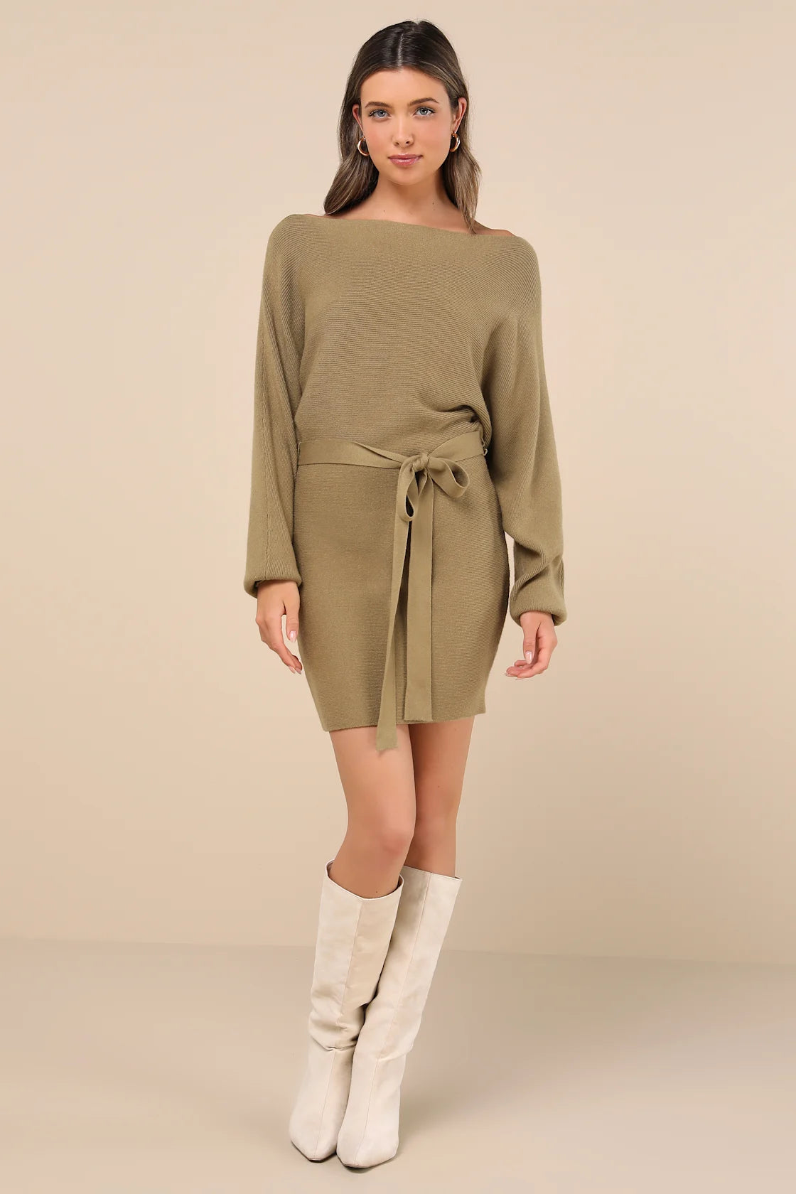 Modern Comfort Olive Green Dolman Sleeve Mini Sweater Dress