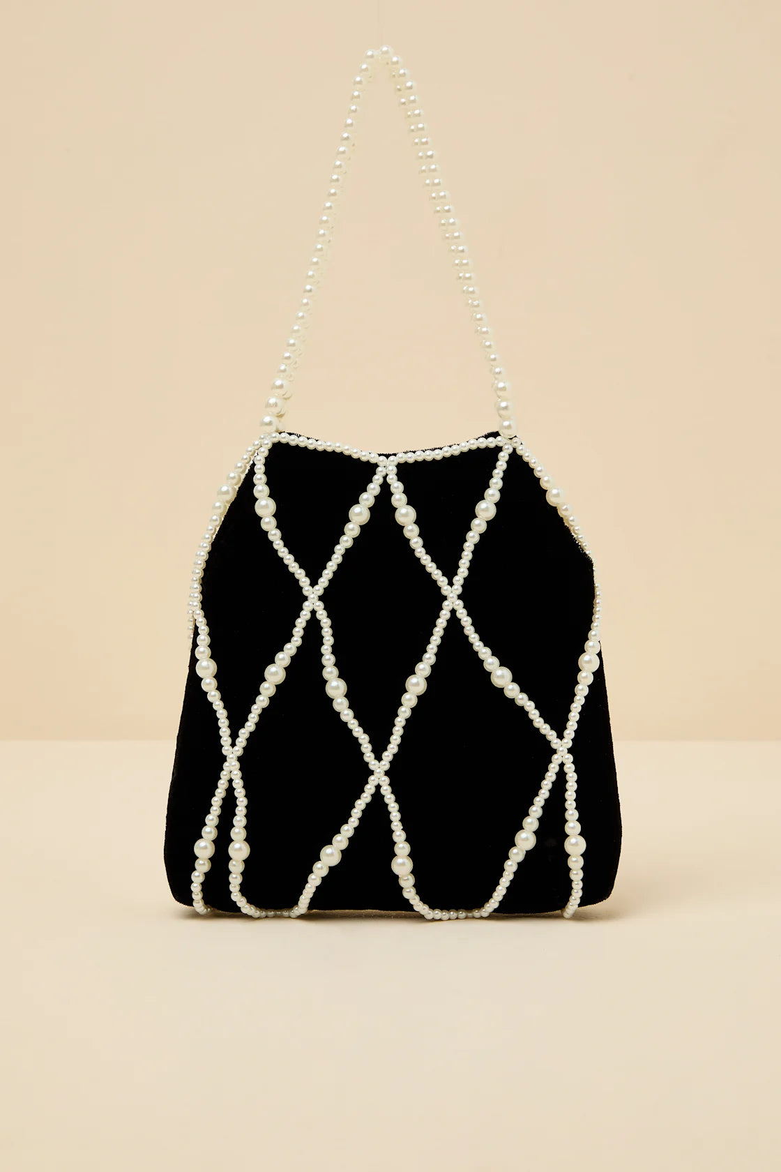 Gloria Black Velvet Pearl Pouch Handbag