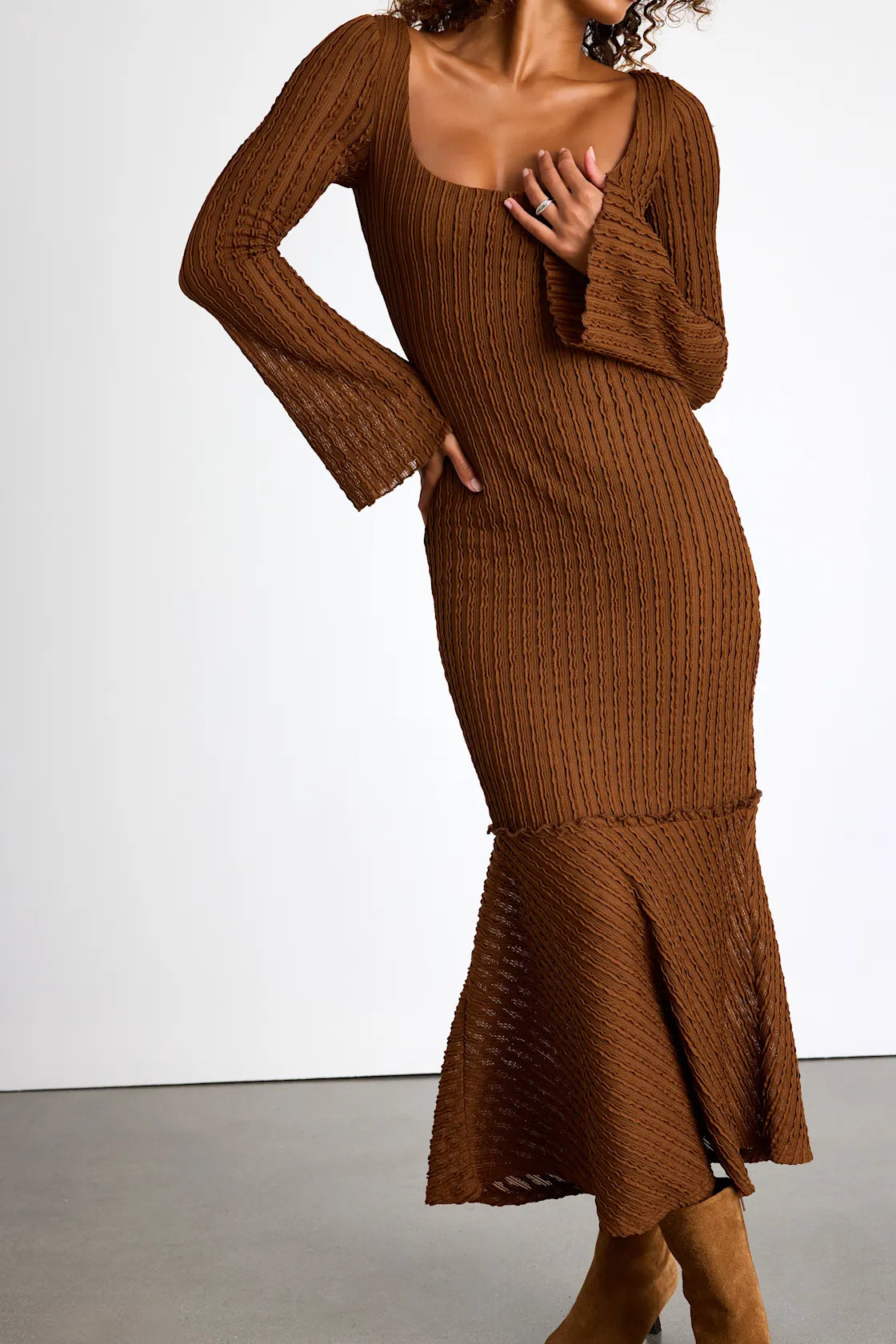 Nelida Brown Textured Long Sleeve Midi Dress