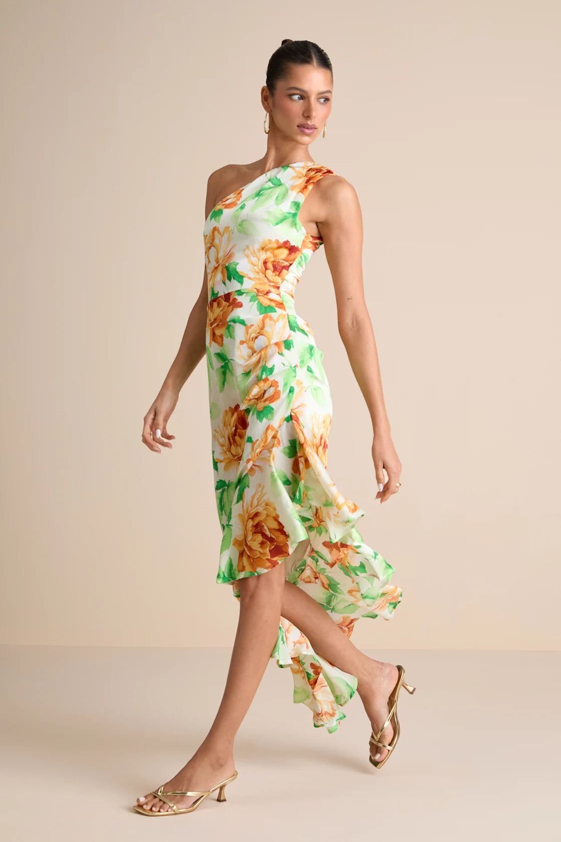 Divinely Blooming Lime Multi Floral One-Shoulder Midi Dress