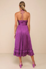 Pleasing Chicness Purple Satin Halter Tiered Midi Dress