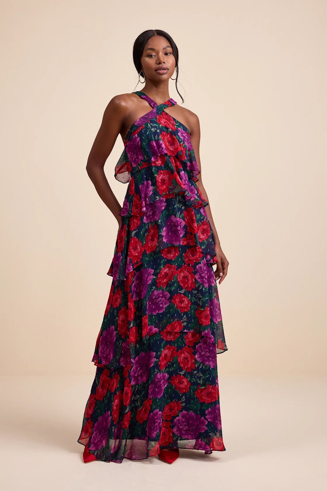 Allegria Navy Floral Clip Dot Tiered Backless Maxi Dress