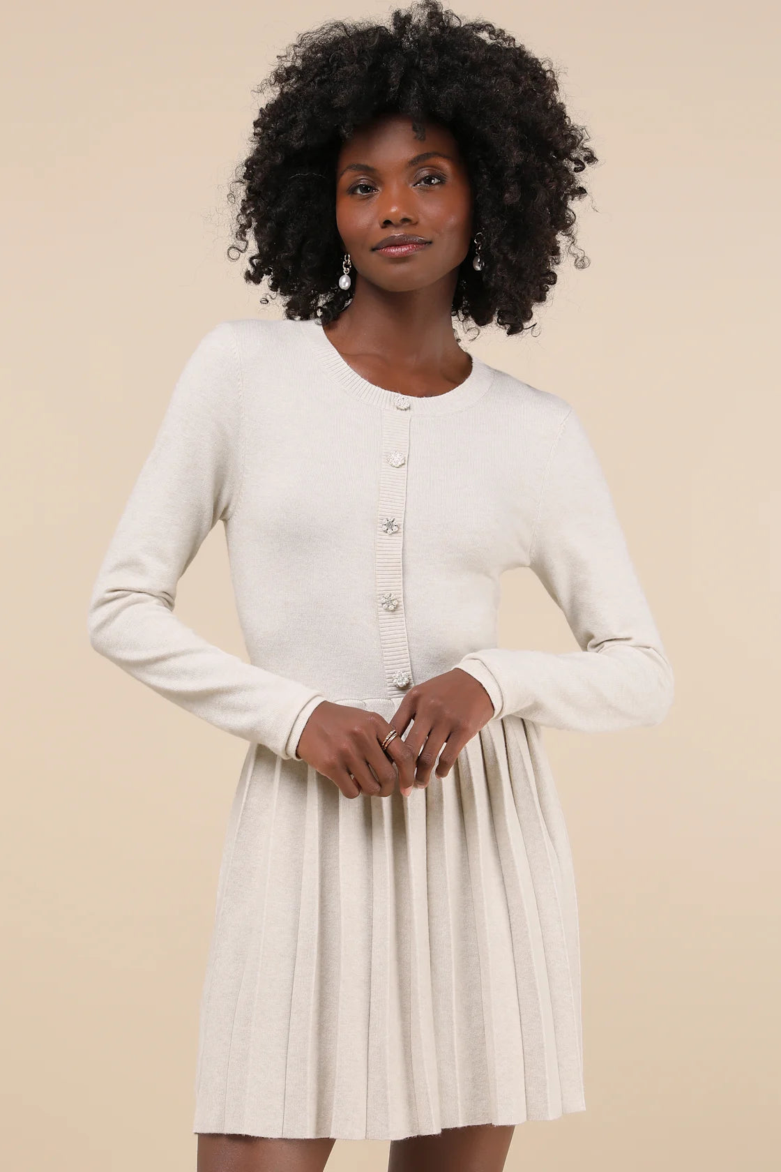 Beyond Sweet Heathered Beige Pearl Pleated Mini Sweater Dress
