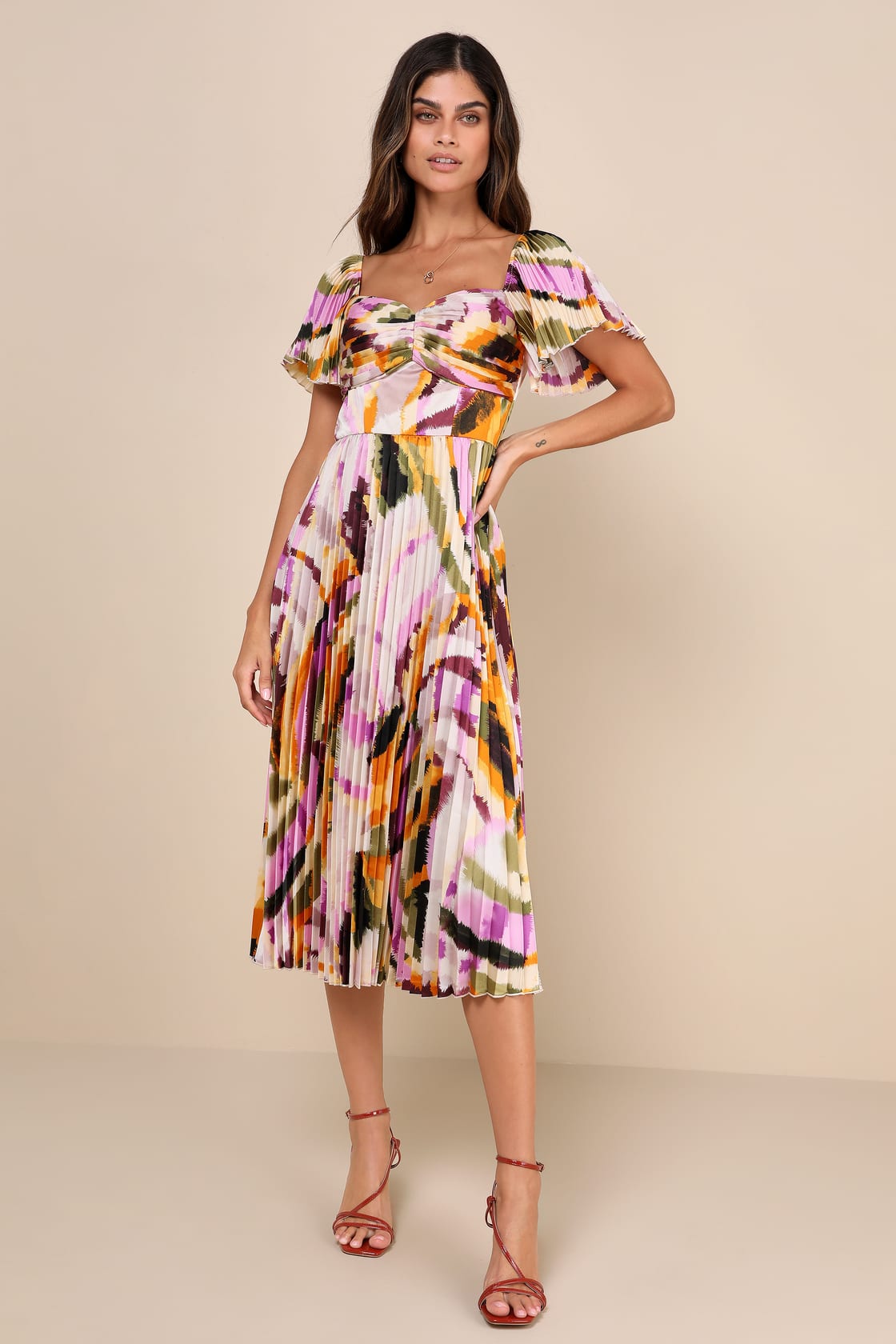 Authentically Yours Yellow Multi Abstract Print Satin Midi Dress