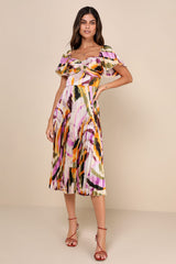 Authentically Yours Yellow Multi Abstract Print Satin Midi Dress
