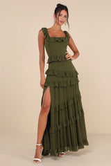 Compelling Romantic Dark Green Ruffled Tiered Maxi Dres