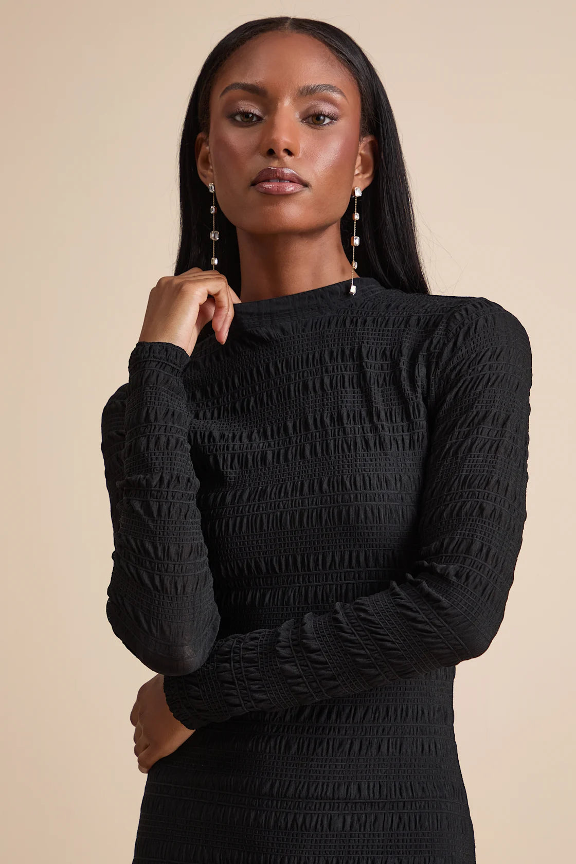 Trendsetting Design Brown Textured Long Sleeve Maxi Dress