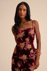 Erisa Burgundy Velvet Floral Burnout Midi Dress