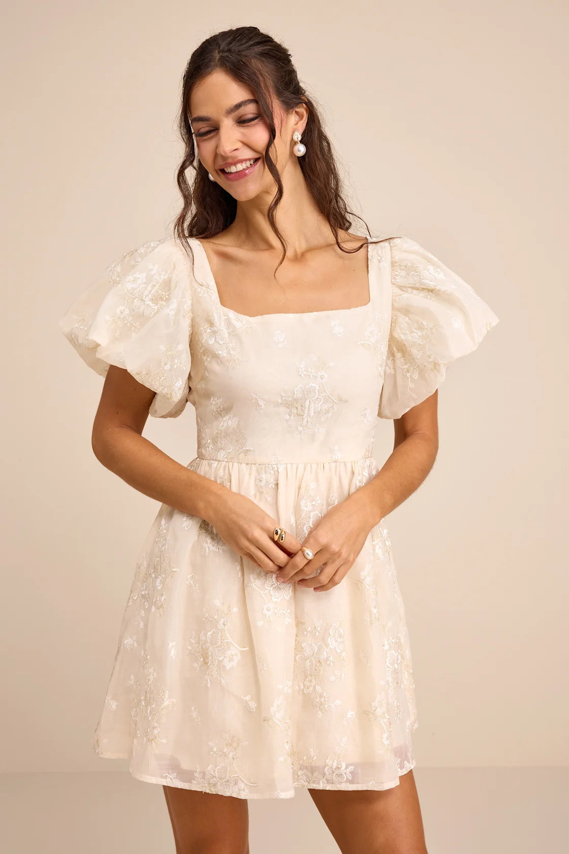 Cathaysa Cream Embroidered Puff Sleeve Bow Mini Dress