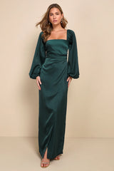 Eternal Heart Champagne Satin Long Sleeve Maxi Dress