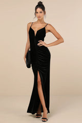 Stunning Invitation Black Velvet Ruched Sleeveless Maxi Dress