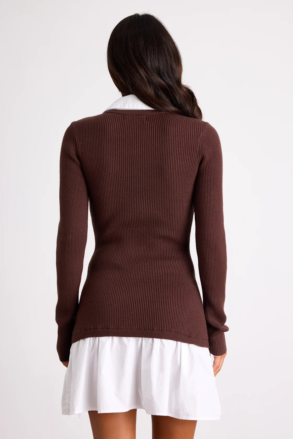Helenia Brown and White Mixed-Media Long Sleeve Mini Dress
