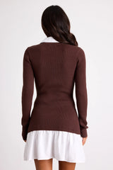 Helenia Brown and White Mixed-Media Long Sleeve Mini Dress