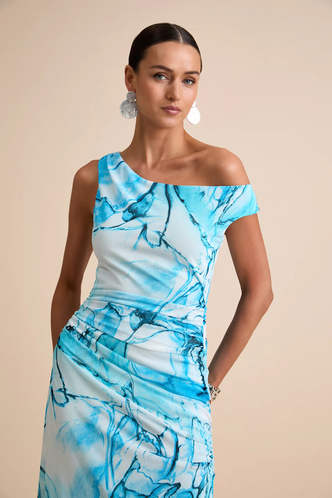 Jojo Light Blue Marbled Ruched One-Shoulder Maxi Dress